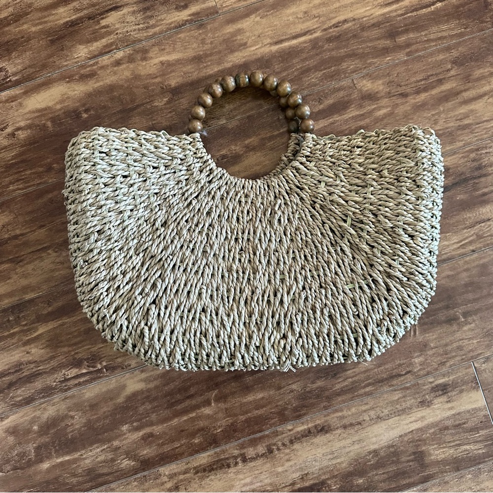Braided Faux Straw Bag with Wooden Bead Handles